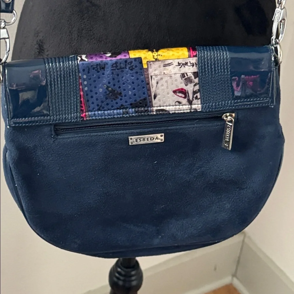 Esbeda Pop Art Blue & Multicolor Crossbody Bag flap faux‎ suede faux patent